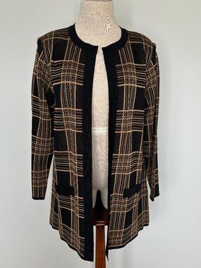 Exclusively Misook Petite Cardigan Plaid Jacket Open Front Black Brown Medium